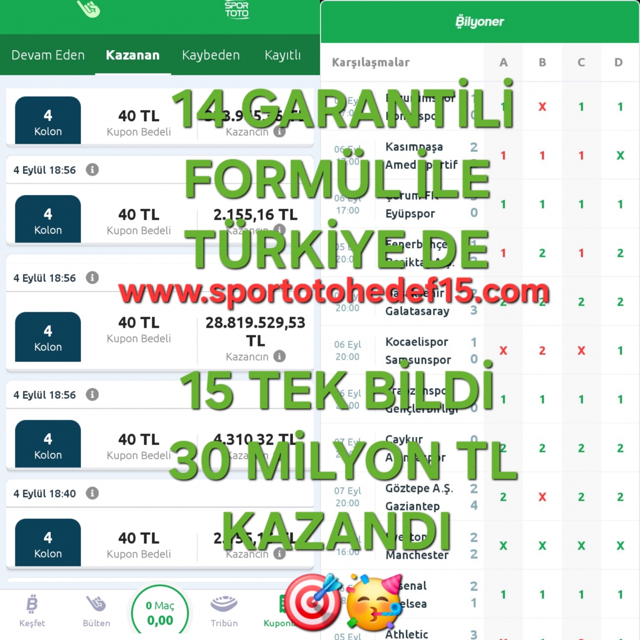 Spor Toto Hedef 15 Kazanan kuponlar